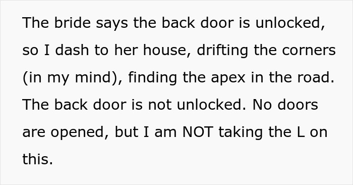 Text depicting a woman attempting to access a bride's house unsuccessfully, as part of an insulin quest for medication. Text depicting a woman attempting to access a bride's house unsuccessfully, as part of an insulin quest for medication.