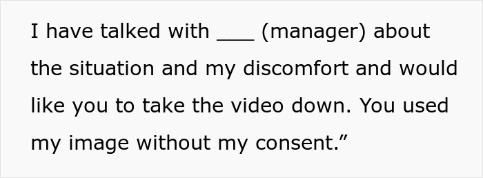 Text expressing discomfort over unauthorized use of image by coworker in internet trend. Text expressing discomfort over unauthorized use of image by coworker in internet trend.
