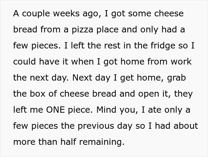Text about cheese bread disappearing, leaving only one piece despite having more than half remaining initially. Text about cheese bread disappearing, leaving only one piece despite having more than half remaining initially.