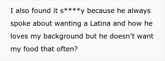 Text questioning a partner's commitment after rejecting Hispanic cooking, highlighting cultural appreciation concerns. Text questioning a partner's commitment after rejecting Hispanic cooking, highlighting cultural appreciation concerns.