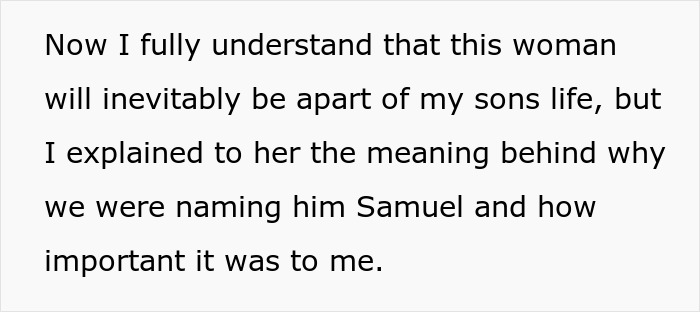 Text discussing a woman's involvement in naming a man's son, emphasizing personal significance of the chosen name Samuel. Text discussing a woman's involvement in naming a man's son, emphasizing personal significance of the chosen name Samuel.