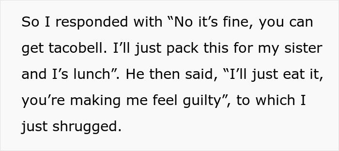 Text image about a boyfriend's reaction during a cooking confrontation, feeling guilty over eating packed lunch. Text image about a boyfriend's reaction during a cooking confrontation, feeling guilty over eating packed lunch.