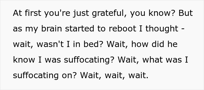 Text screenshot: wife recalling a near-death experience from husband's prank. Text screenshot: wife recalling a near-death experience from husband's prank.