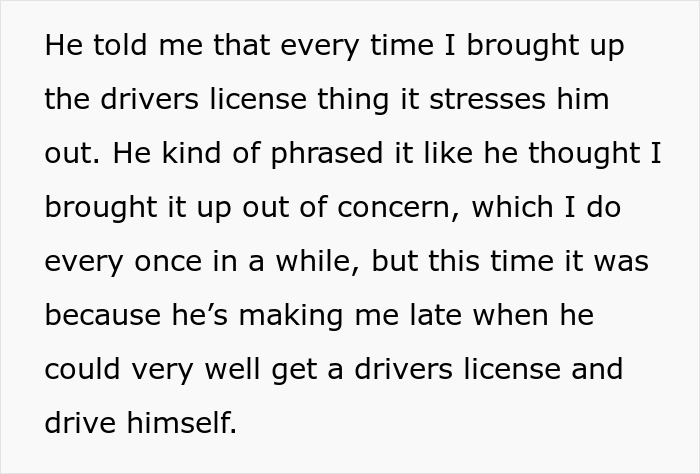 Text about ending free rides to work due to lateness and the stress of getting a driver's license. Text about ending free rides to work due to lateness and the stress of getting a driver's license.