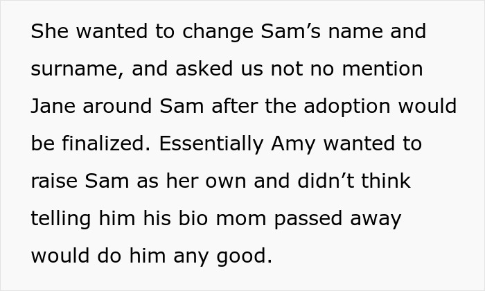 Text discussing adoption and name change request for Sam, with a focus on brother adopting deceased sibling’s baby. Text discussing adoption and name change request for Sam, with a focus on brother adopting deceased sibling’s baby.