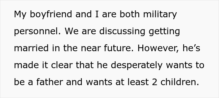 Text expressing a woman's fear of motherhood as her boyfriend insists on having children. Text expressing a woman's fear of motherhood as her boyfriend insists on having children.