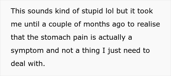 Text excerpt discussing realization about stomach pain being a symptom of an allergy. Text excerpt discussing realization about stomach pain being a symptom of an allergy.