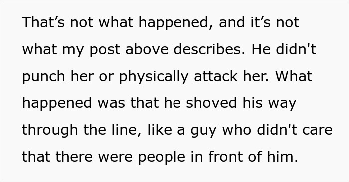 Text image discussing a moviegoer who cut in line, ignoring others, without physical aggression. Text image discussing a moviegoer who cut in line, ignoring others, without physical aggression.
