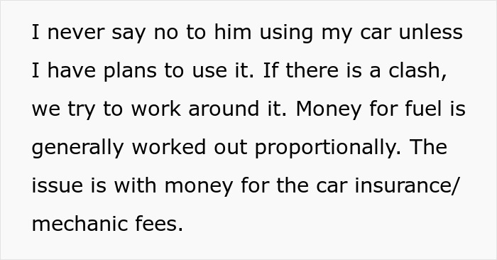 Text discussing a woman's dilemma about her husband paying half of the car insurance and mechanic fees. Text discussing a woman's dilemma about her husband paying half of the car insurance and mechanic fees.