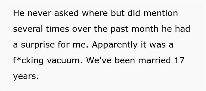 Text about a husband's gift of a vacuum to his wife, highlighting their 17-year marriage. Text about a husband's gift of a vacuum to his wife, highlighting their 17-year marriage.