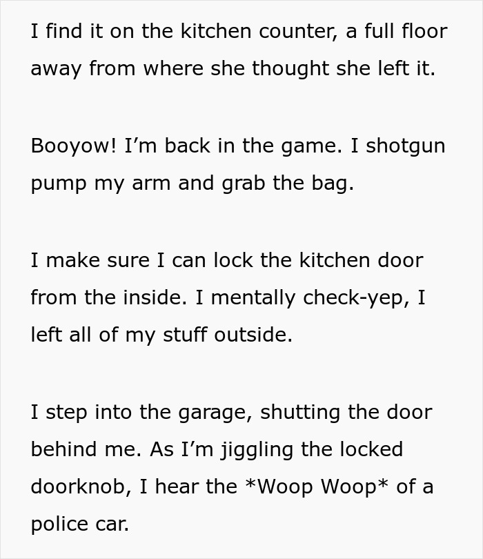 Text describing a woman's urgent search and retrieval of insulin, overhearing police arrival. Text describing a woman's urgent search and retrieval of insulin, overhearing police arrival.