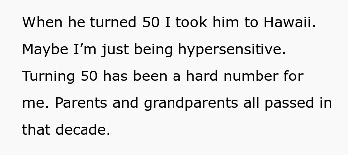 Text about a husband turning 50, mentioning a trip to Hawaii and reflections on family milestones. Text about a husband turning 50, mentioning a trip to Hawaii and reflections on family milestones.