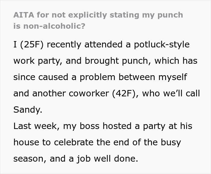 Text excerpt about a work party punch causing issues with an angry coworker. Text excerpt about a work party punch causing issues with an angry coworker.