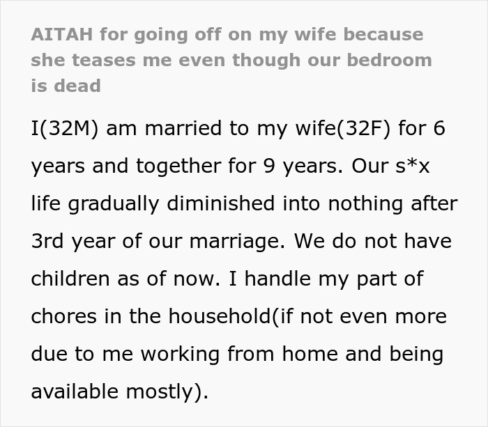 Text discussing a husband's frustrations in a dead bedroom marriage over three years. Text discussing a husband's frustrations in a dead bedroom marriage over three years.