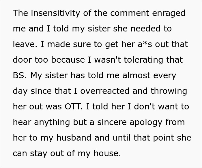 Text exchange about kicking sister out for comment on husband's wealth. Text exchange about kicking sister out for comment on husband's wealth.