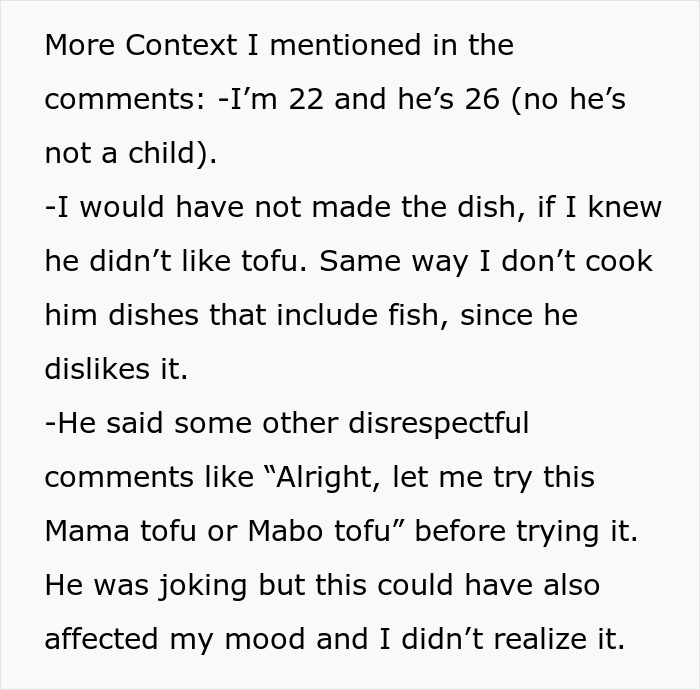 Text describing a boyfriend confrontation over cooking tofu dishes, highlighting age differences and food preferences. Text describing a boyfriend confrontation over cooking tofu dishes, highlighting age differences and food preferences.