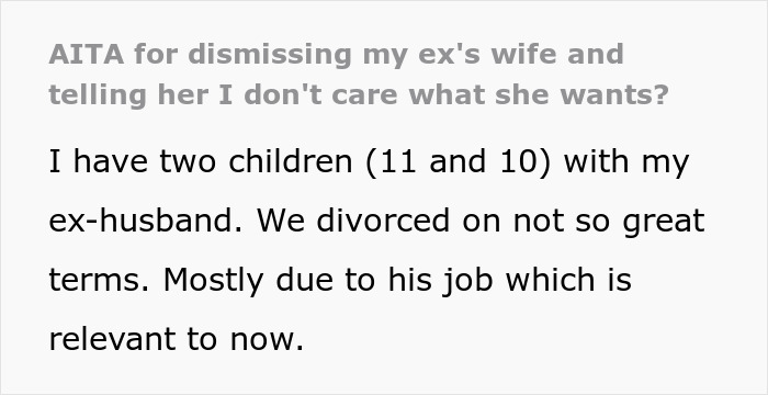 Text narrative about stepmom's role in husband's kids' lives causing tension with biological mom. Text narrative about stepmom's role in husband's kids' lives causing tension with biological mom.