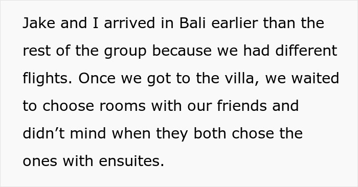 Text about a couple arriving in Bali, waiting for friends to choose villa rooms, linked to jealousy over a child-free vacation. Text about a couple arriving in Bali, waiting for friends to choose villa rooms, linked to jealousy over a child-free vacation.