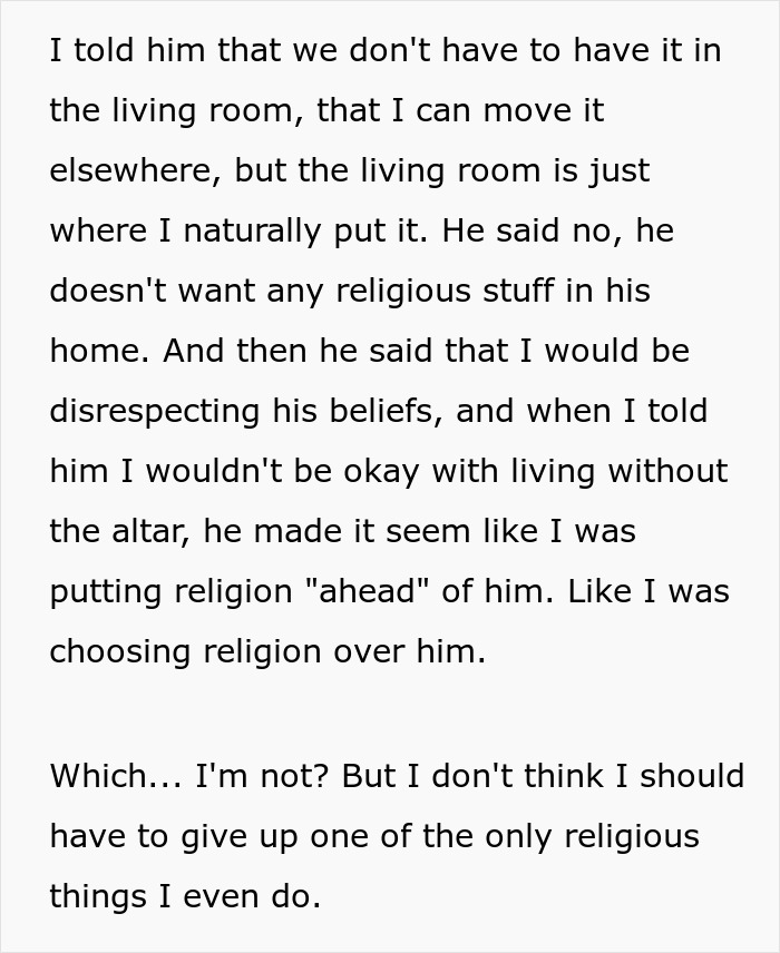 Text describing a conflict in a relationship over religious items, with the guy accusing his girlfriend of choosing religion over him. Text describing a conflict in a relationship over religious items, with the guy accusing his girlfriend of choosing religion over him.