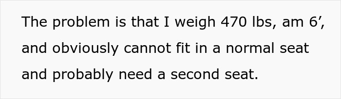 Text highlighting a 470-pound new hire's concern about flight seating, needing an extra seat for space. Text highlighting a 470-pound new hire's concern about flight seating, needing an extra seat for space.