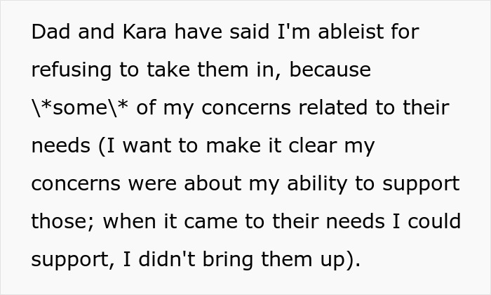 Text discussing concerns about caring for stepsiblings and being labeled ableist for refusal. Text discussing concerns about caring for stepsiblings and being labeled ableist for refusal.
