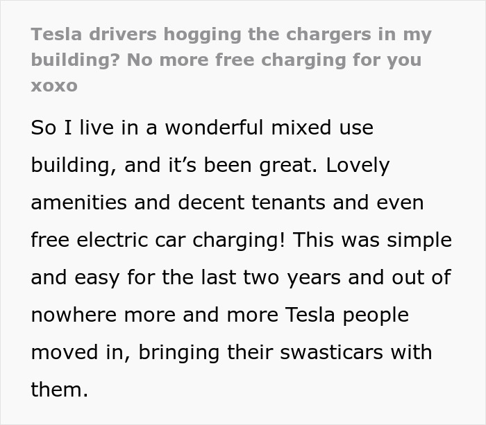 Text discussing Tesla drivers hogging charging stations in a mixed-use building. Text discussing Tesla drivers hogging charging stations in a mixed-use building.