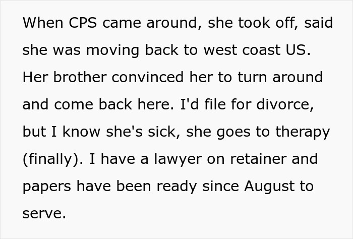 Text about a dad's decision amid wife's worsening mental illness, mentioning CPS involvement and divorce considerations. Text about a dad's decision amid wife's worsening mental illness, mentioning CPS involvement and divorce considerations.