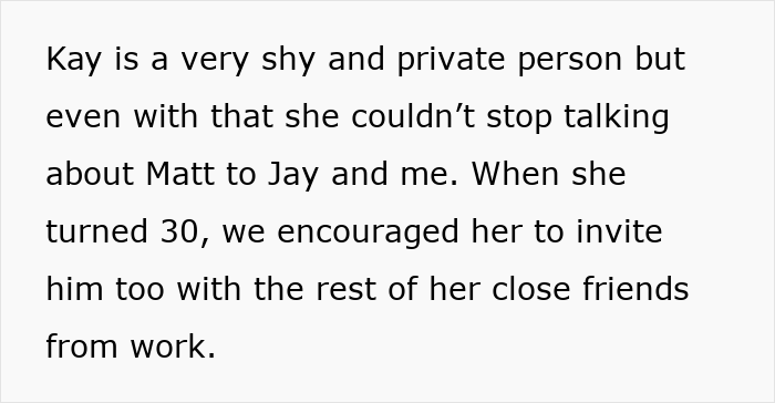 Text discussing Kay talking about her crush, Matt, and being encouraged to invite him to a party. Text discussing Kay talking about her crush, Matt, and being encouraged to invite him to a party.