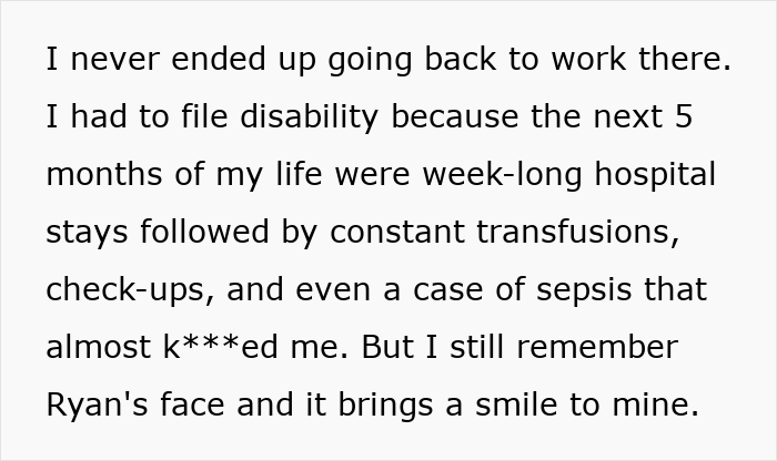 Text discusses an employee who cannot return to work due to a severe cancer diagnosis, emphasizing their struggle. Text discusses an employee who cannot return to work due to a severe cancer diagnosis, emphasizing their struggle.
