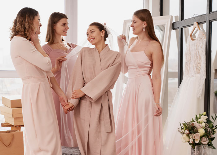 Women in pastel dresses help bride prepare for wedding, surrounded by gowns and flowers. Women in pastel dresses help bride prepare for wedding, surrounded by gowns and flowers.