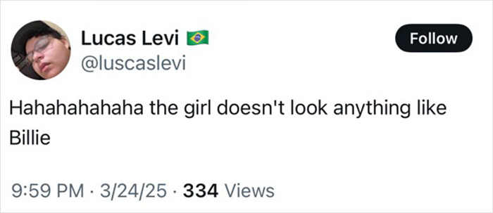 Tweet expressing doubt a Billie Eilish look-alike resembles the singer. Tweet expressing doubt a Billie Eilish look-alike resembles the singer.