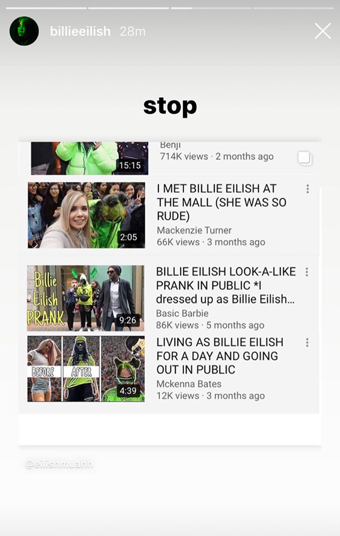Billie Eilish look-alike videos on a device screen, featuring pranks and public reactions in a mall setting. Billie Eilish look-alike videos on a device screen, featuring pranks and public reactions in a mall setting.