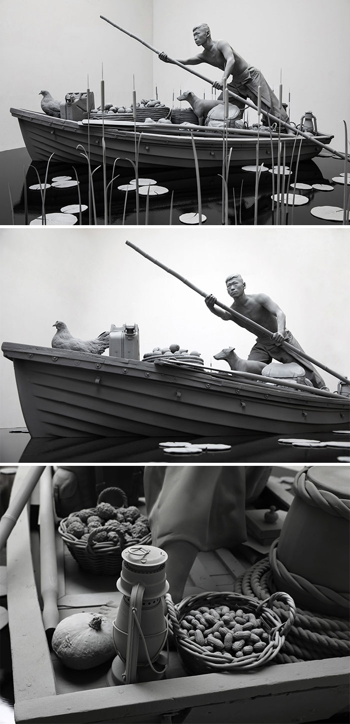 Monochrome sculpture of a man rowing a boat with animals and produce, by Hans Op De Beeck.