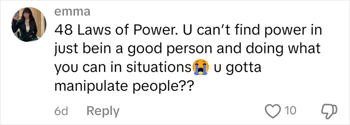Comment on "48 Laws of Power" book, questioning the need for manipulation for power. Comment on "48 Laws of Power" book, questioning the need for manipulation for power.
