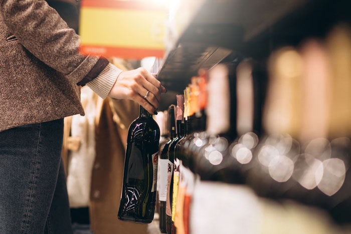 Person selecting wine from a store shelf, implying a discussion around alcoholism and family genes. Person selecting wine from a store shelf, implying a discussion around alcoholism and family genes.
