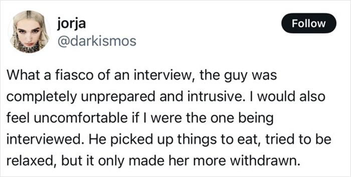 Social media post discussing a controversial interview, highlighting discomfort and lack of preparation by the interviewer. Social media post discussing a controversial interview, highlighting discomfort and lack of preparation by the interviewer.