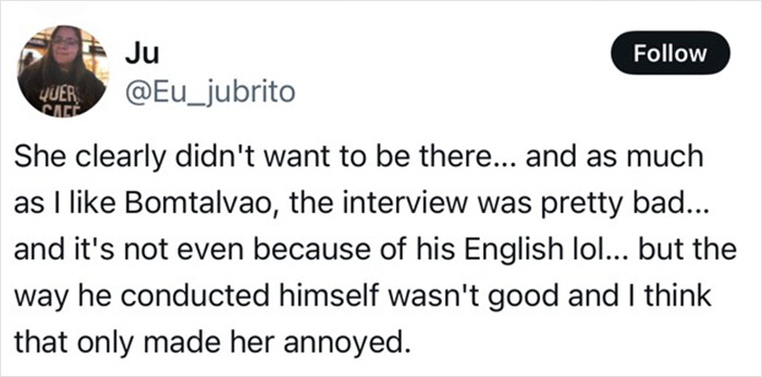 Tweet criticizing an interview, alleging Millie Bobby Brown showed displeasure, suggesting the interviewer lacked professionalism. Tweet criticizing an interview, alleging Millie Bobby Brown showed displeasure, suggesting the interviewer lacked professionalism.