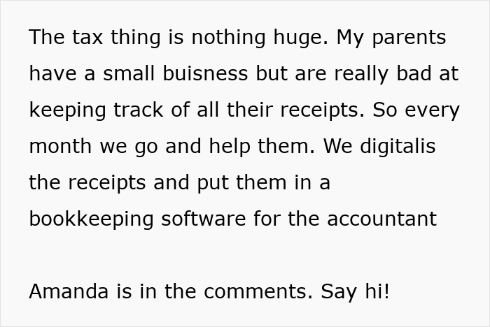 Text explaining tax help and bookkeeping for family's small business with a friendly comment invite. Text explaining tax help and bookkeeping for family's small business with a friendly comment invite.
