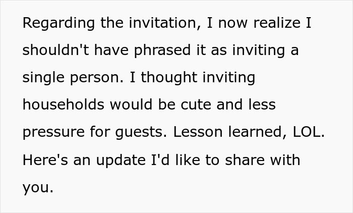 Invitation text about lesson learned in phrasing, mentioning households and reduced pressure for guests. Invitation text about lesson learned in phrasing, mentioning households and reduced pressure for guests.