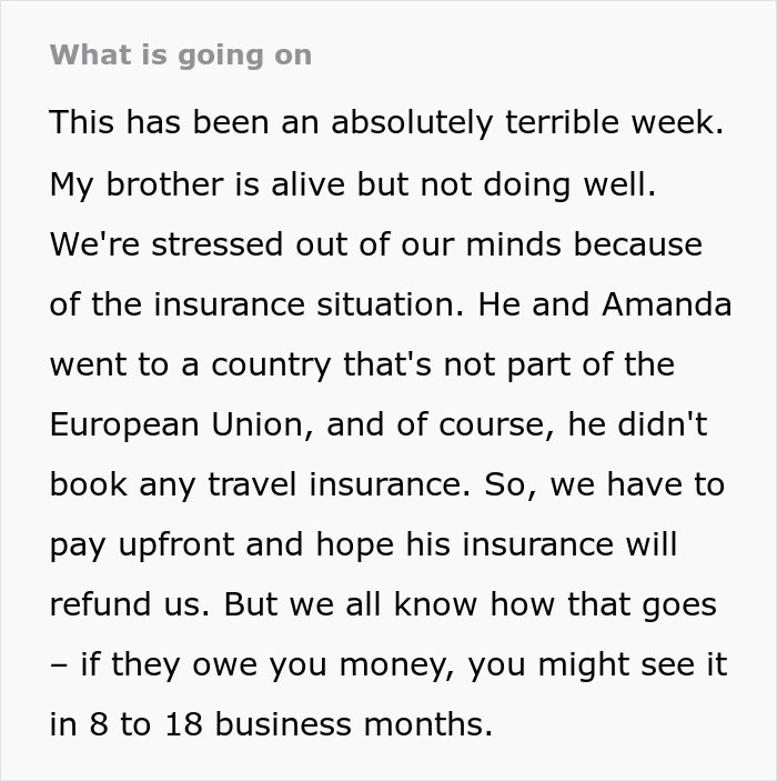 Text sharing a stressful week due to brother's insurance situation; bride puzzled by brother's +1 choice. Text sharing a stressful week due to brother's insurance situation; bride puzzled by brother's +1 choice.