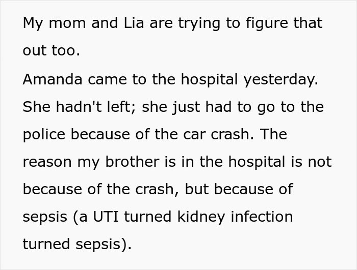 Hospital visit note discussing a brother's sepsis and car crash. Hospital visit note discussing a brother's sepsis and car crash.