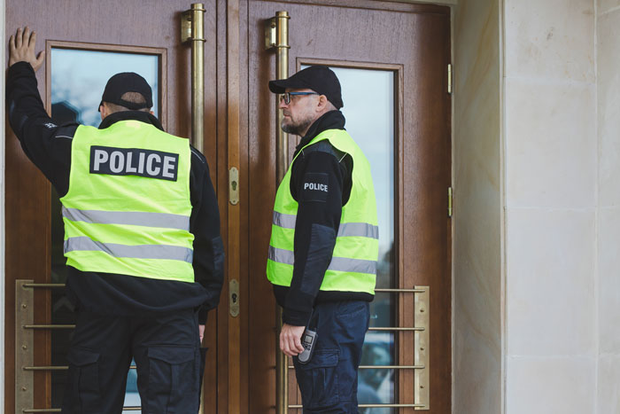 Police officers in reflective vests at a door, related to woman's insulin quest. Police officers in reflective vests at a door, related to woman's insulin quest.