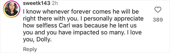 Comment praising Carl Dean's impact shared after Dolly Parton's song release. Comment praising Carl Dean's impact shared after Dolly Parton's song release.