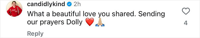 Comment supporting Dolly Parton's heartfelt song for Carl Dean with love and prayer emojis. Comment supporting Dolly Parton's heartfelt song for Carl Dean with love and prayer emojis.