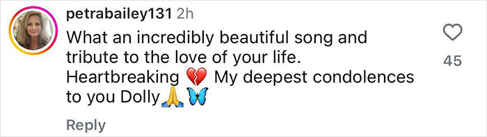 Comment praising Dolly Parton's heartbreaking song dedicated to Carl Dean with emojis expressing condolences. Comment praising Dolly Parton's heartbreaking song dedicated to Carl Dean with emojis expressing condolences.