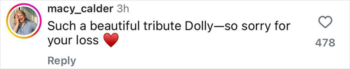 Comment praising Dolly Parton's tribute song to husband, expressing condolences. Comment praising Dolly Parton's tribute song to husband, expressing condolences.