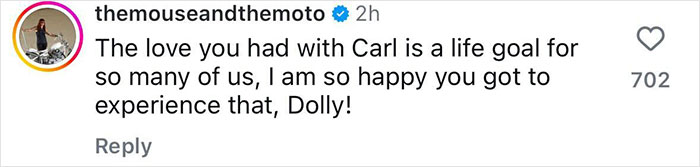 Comment praising Dolly Parton's love for Carl after releasing song dedicated to him. Comment praising Dolly Parton's love for Carl after releasing song dedicated to him.