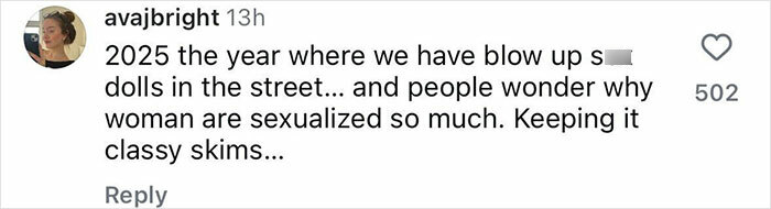 Social media comment criticizing Kim Kardashian over a blow-up doll, expressing concern about sexualization. Social media comment criticizing Kim Kardashian over a blow-up doll, expressing concern about sexualization.