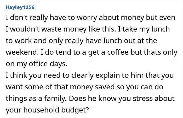 Text from online forum about husband's spending on lunch and coffee. Text from online forum about husband's spending on lunch and coffee.