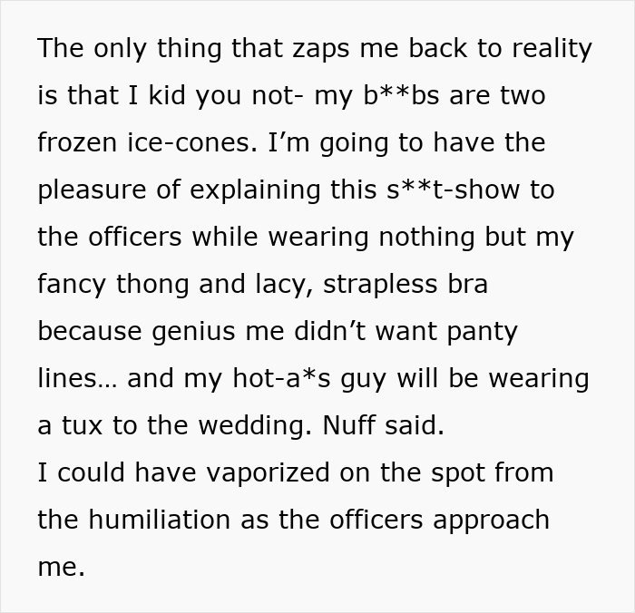 Text excerpt from story about a woman's awkward encounter with officers during an insulin quest. Text excerpt from story about a woman's awkward encounter with officers during an insulin quest.